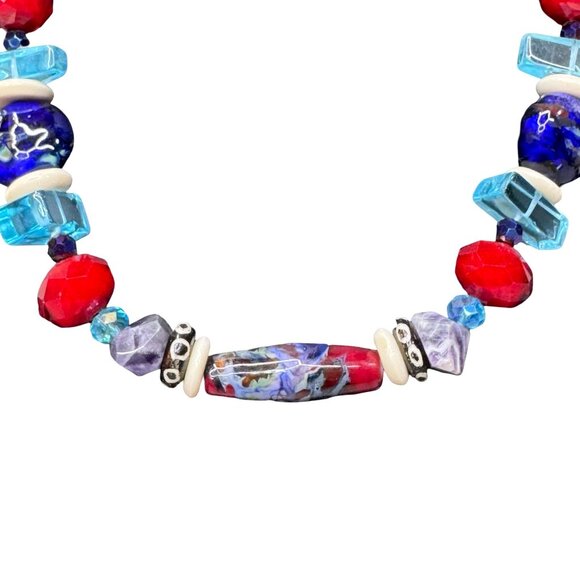 Vintage Chunky Handcrafted Multicolor Art Glass Bead Necklace Lampwork 17" Heavy - Picture 2 of 7